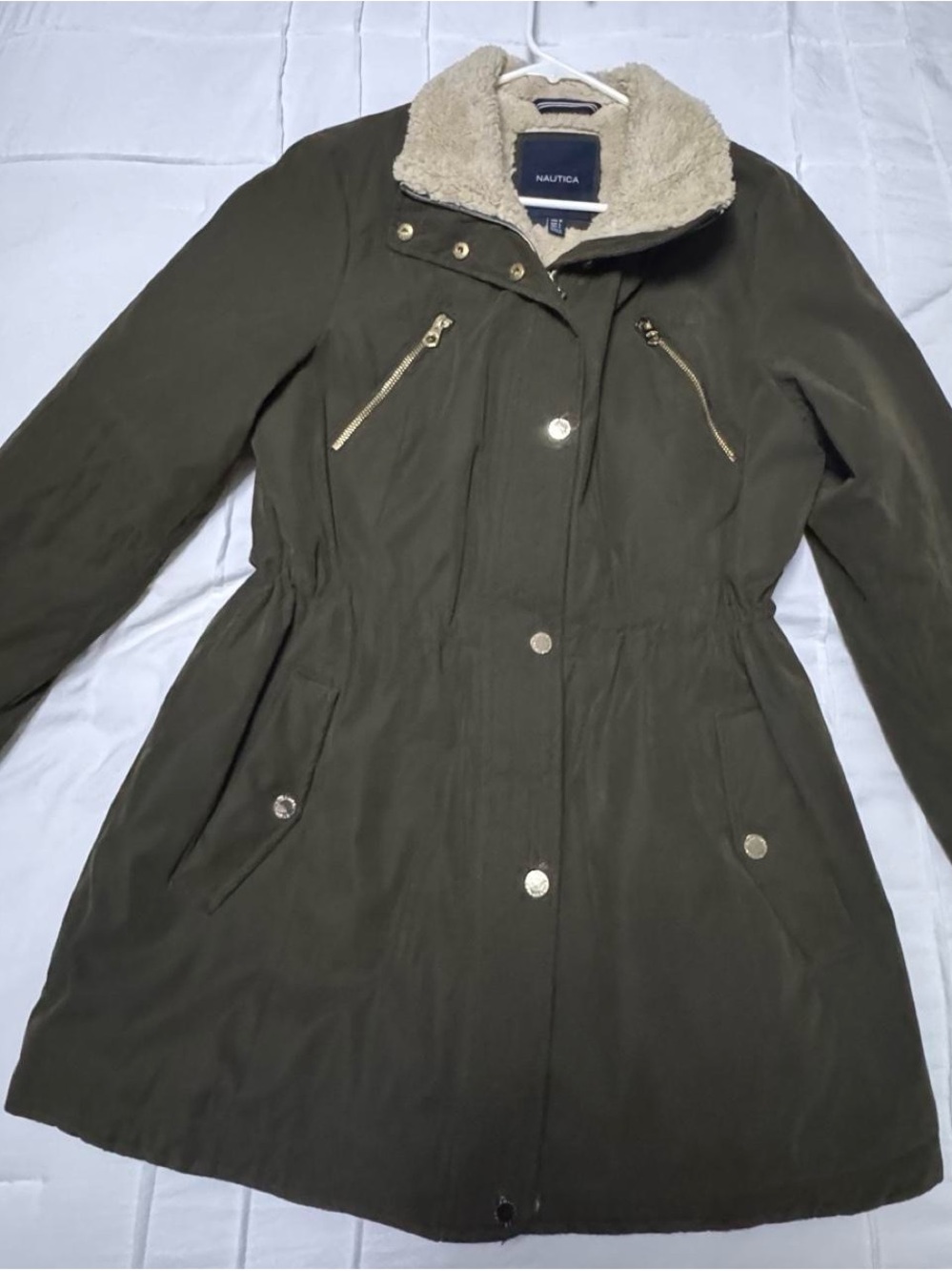 Nautica Olive Green Trench Coat with Sherpa Collar